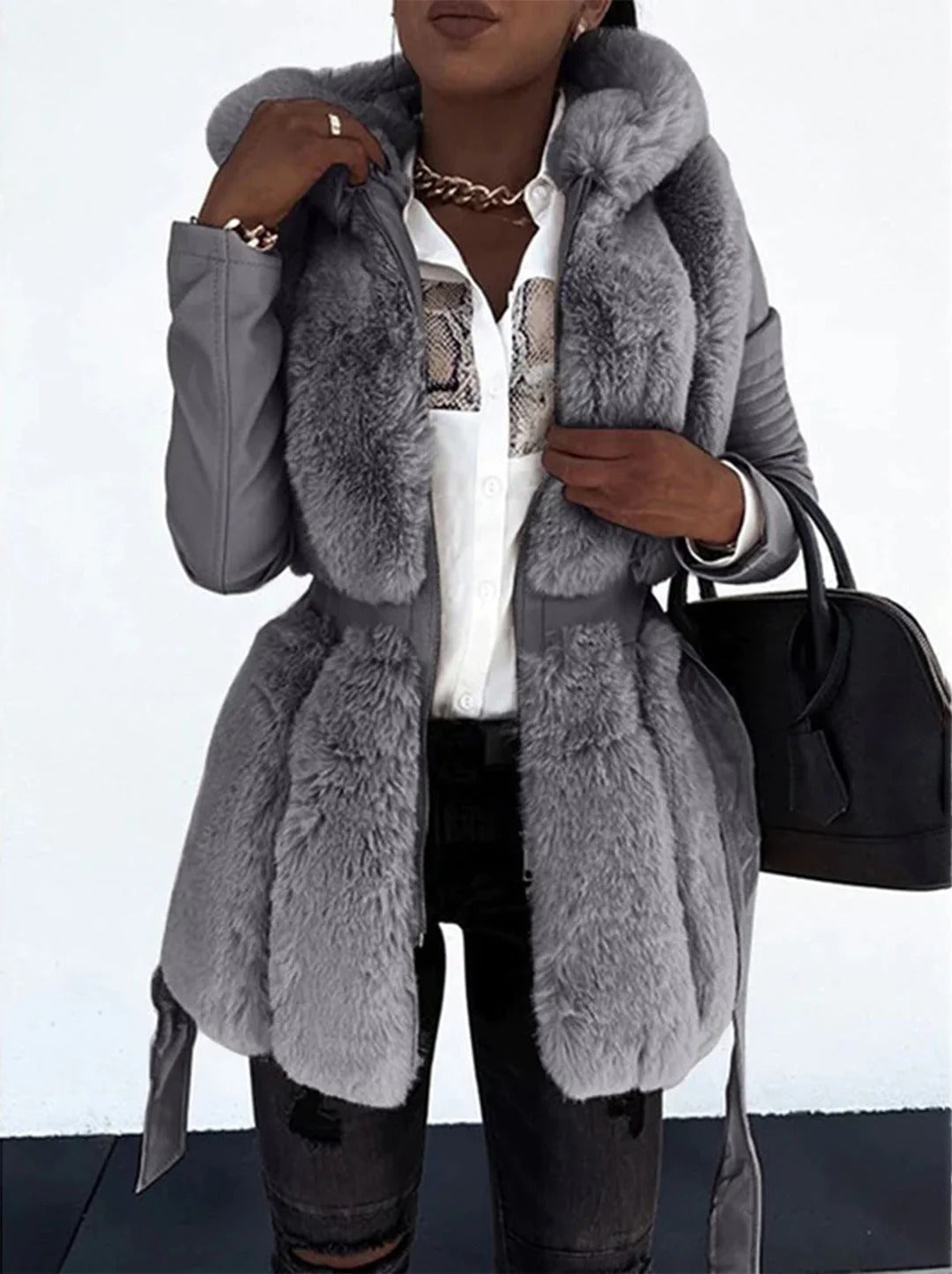 Faux Fur Collar Belted Tailored Jacket