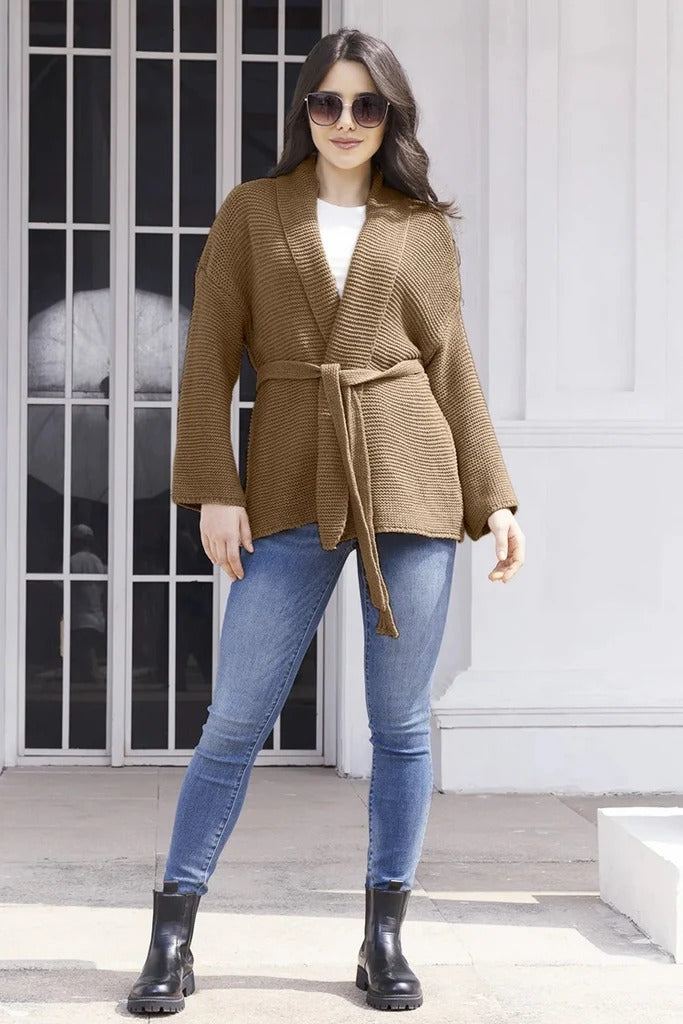 Belted Shawl Collar Ribbed Knit Cardigan