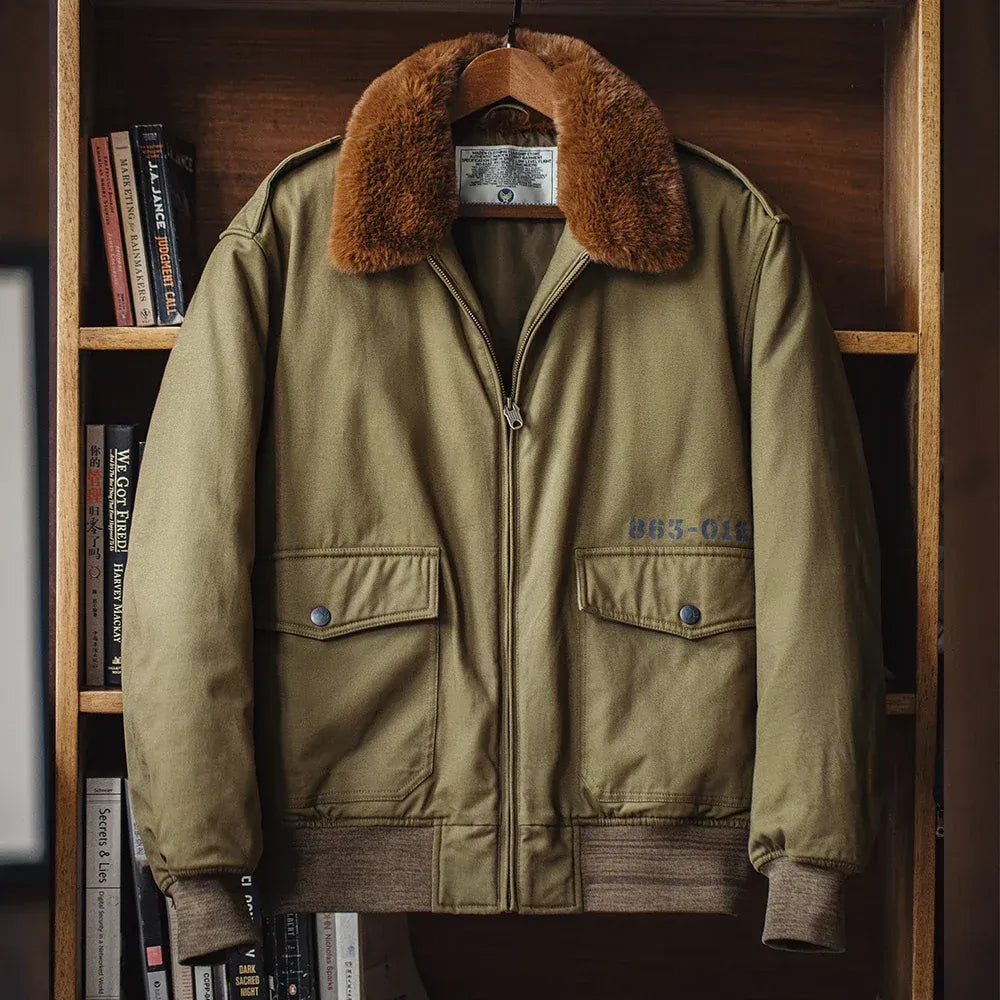 Cotton Blend Faux Fur Collar Ribbed Jacket