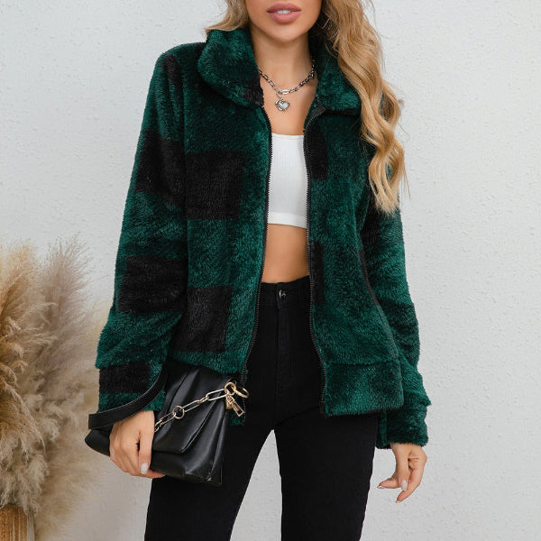 Faux Shearling Plaid Oversized Jacket