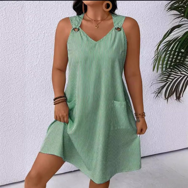 Striped Ring Shoulder Detail A-Line Dress
