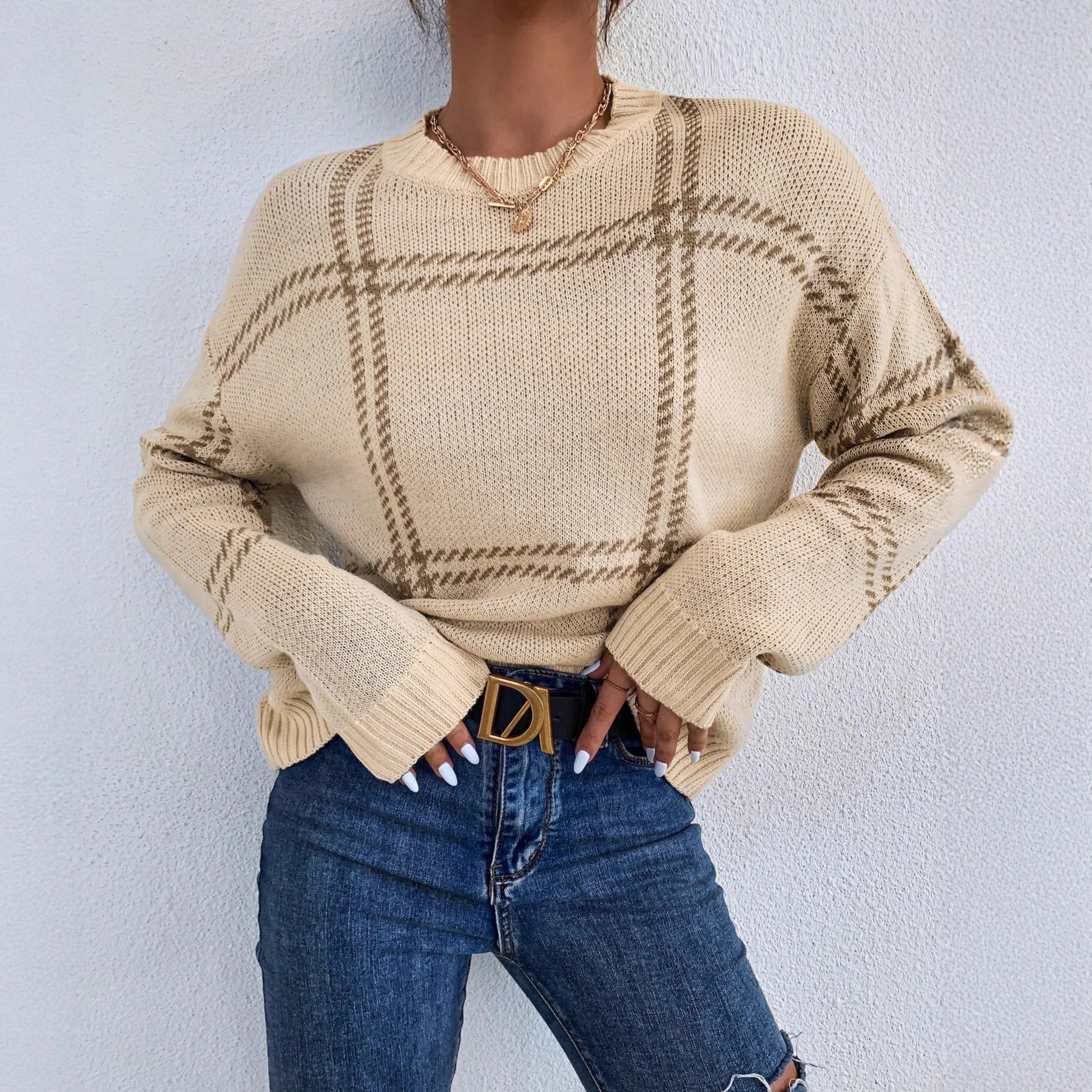 Knit Plaid Crew Neck Sweatshirt