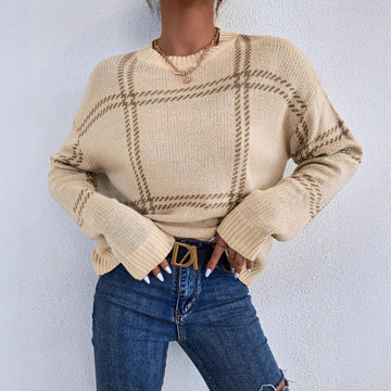 Knit Plaid Crew Neck Sweatshirt