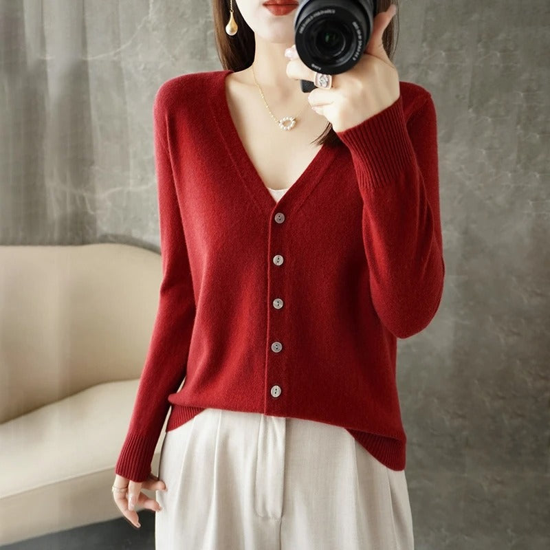 Wool Blend Relaxed Fit V-Neck Cardigan