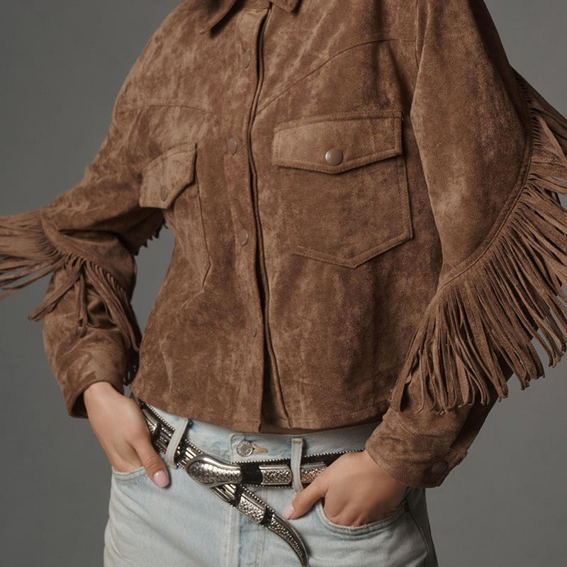 Suede-Like Fringe Sleeve Relaxed Cropped Jacket