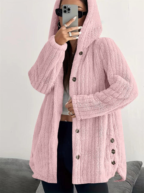 Plush Hooded Loose Fit Textured Coat