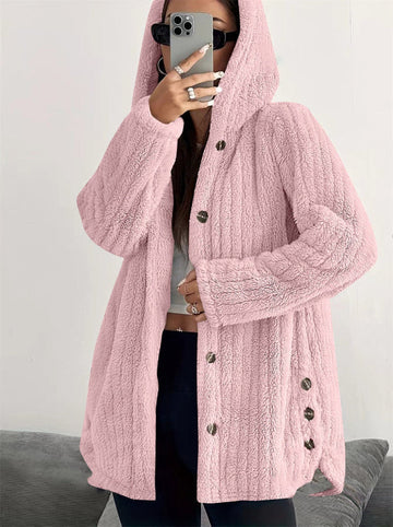 Plush Hooded Loose Fit Textured Coat