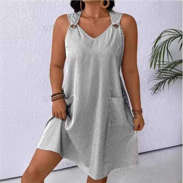 Striped Ring Shoulder Detail A-Line Dress