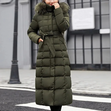 Quilted Belted Fur Hood Insulated Coat