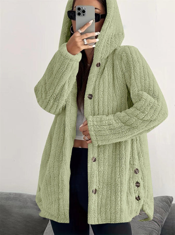 Plush Hooded Loose Fit Textured Coat