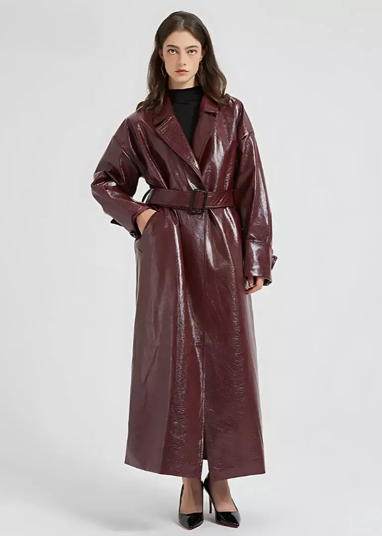 Glossy Vegan Leather Slim Belted Trench Coat