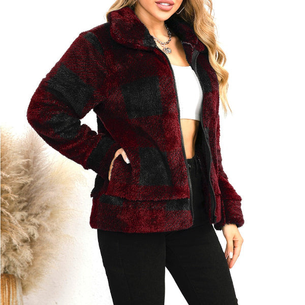 Faux Shearling Plaid Oversized Jacket