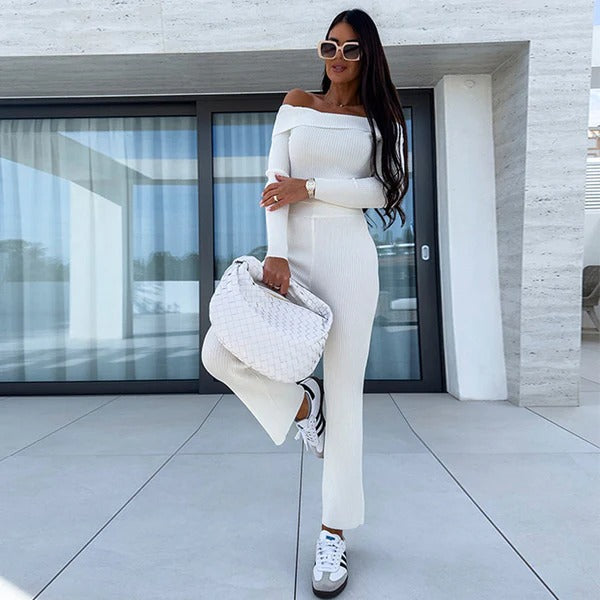 Off-Shoulder Slim Fit Flared Leg Jumpsuit