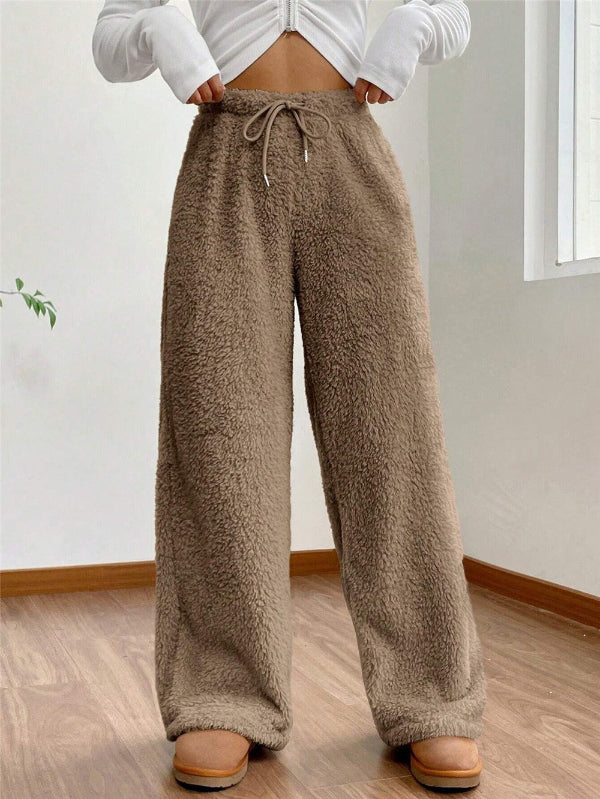 Plush Fleece Wide Leg Drawstring Lounge Pants