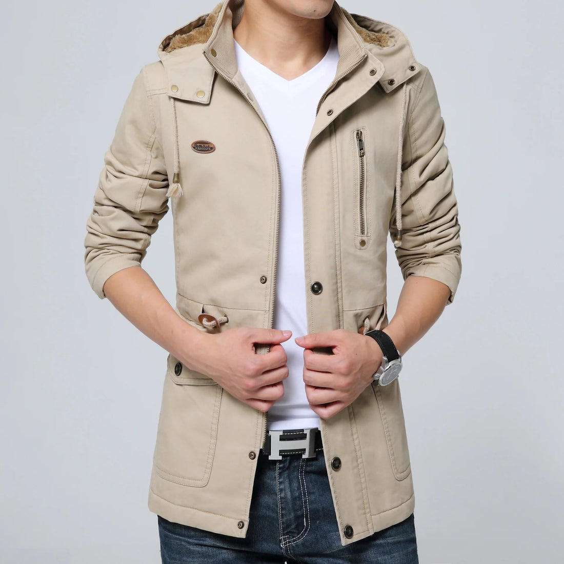 Wind-Resistant Hooded Mid-Length Trenchcoat