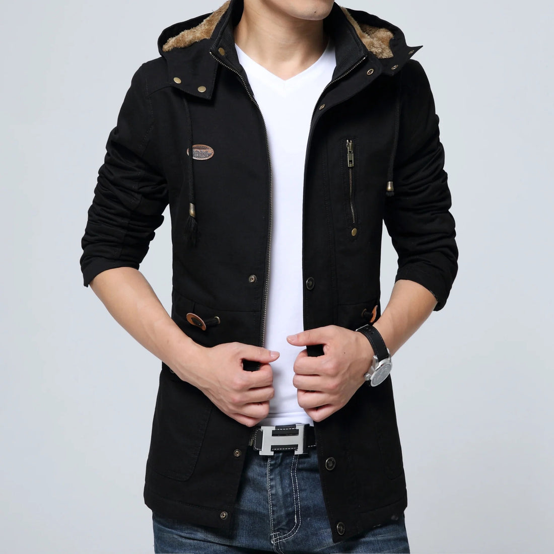 Wind-Resistant Hooded Mid-Length Trenchcoat