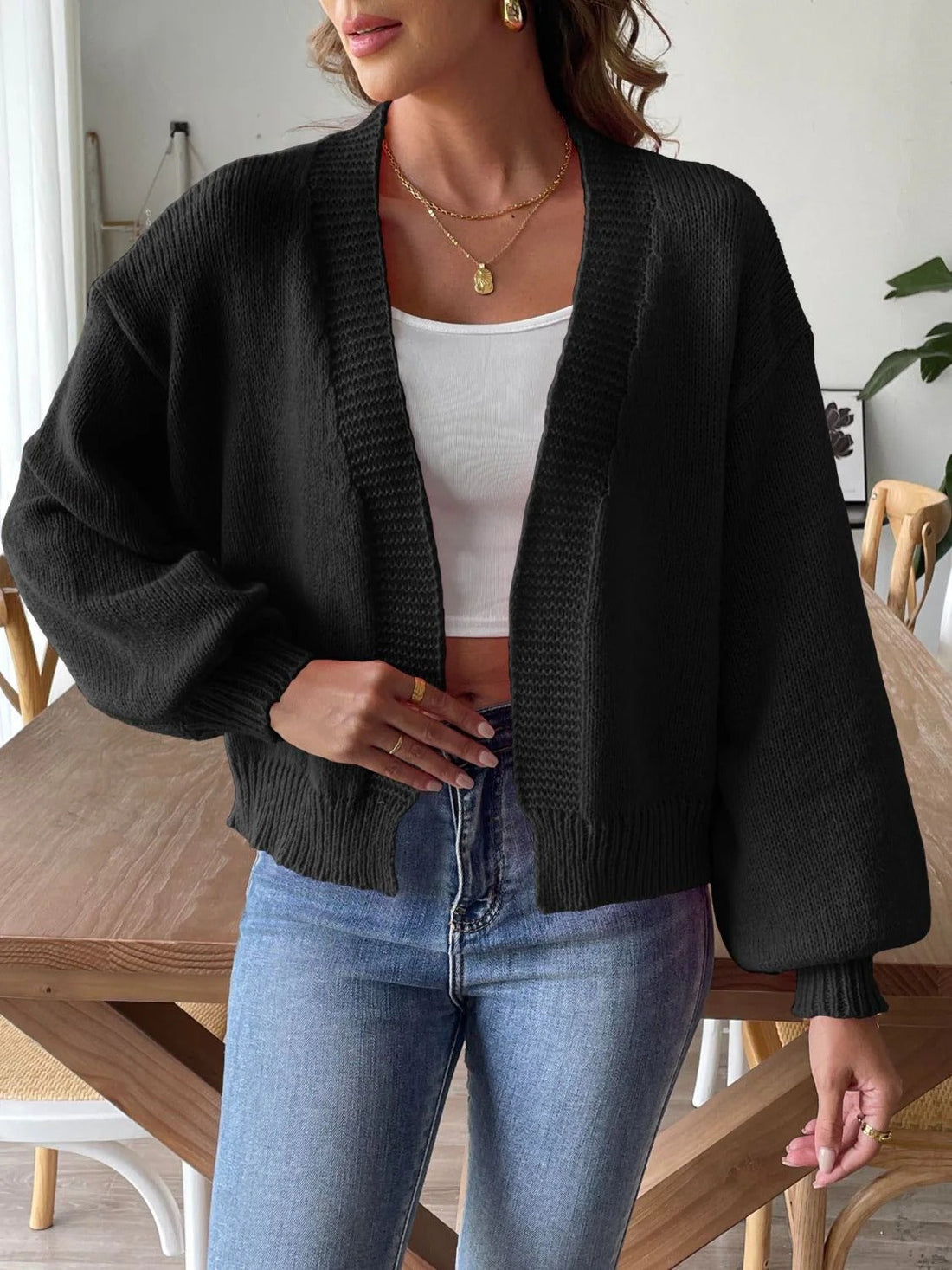Relaxed Cropped Knit Lantern Sleeve Cardigan