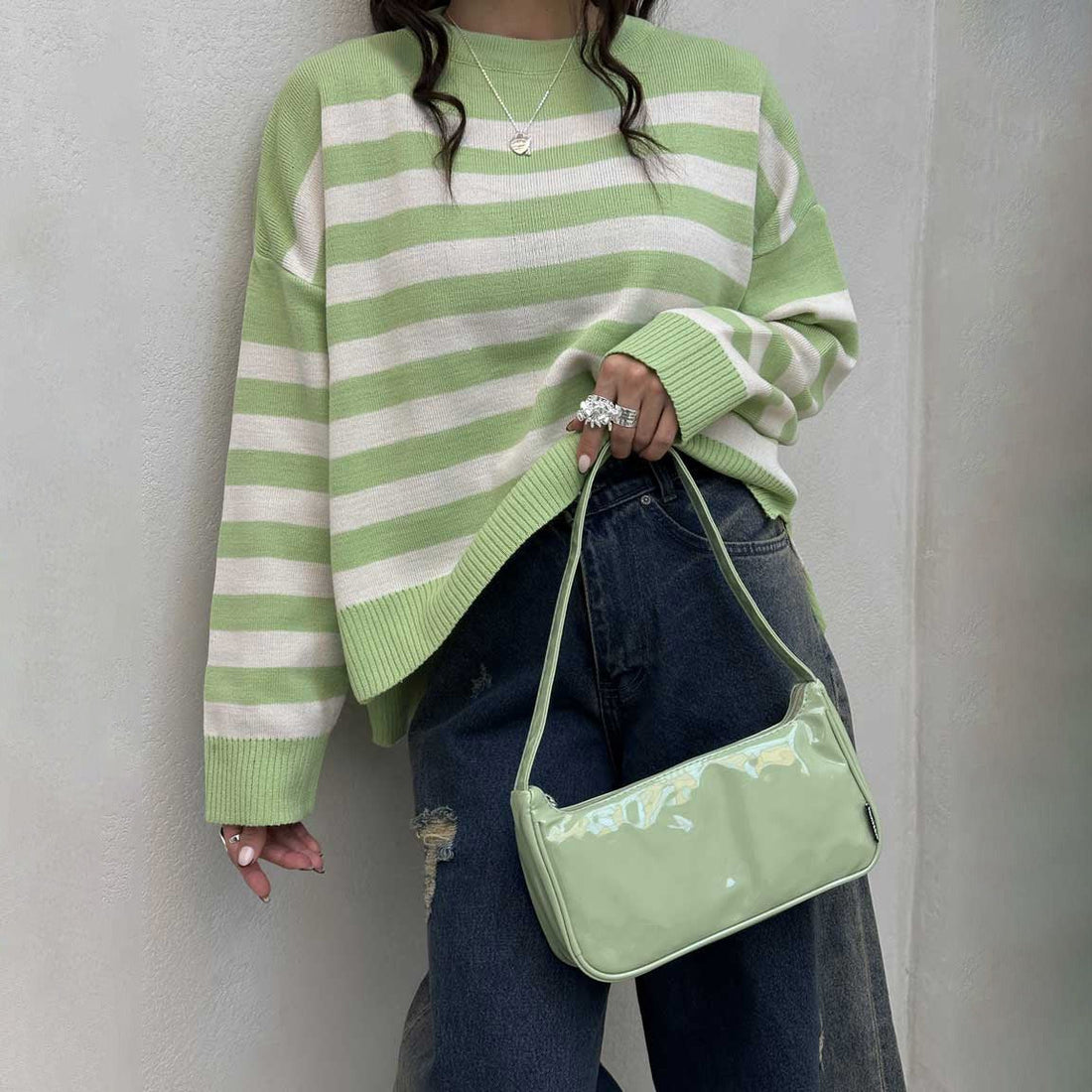 Striped Loose Fit Knit Pullover Sweatshirt