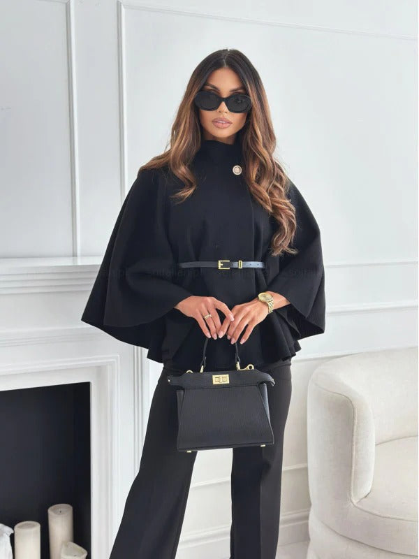 Belted High Neck Draped Sleeve Poncho Blouse