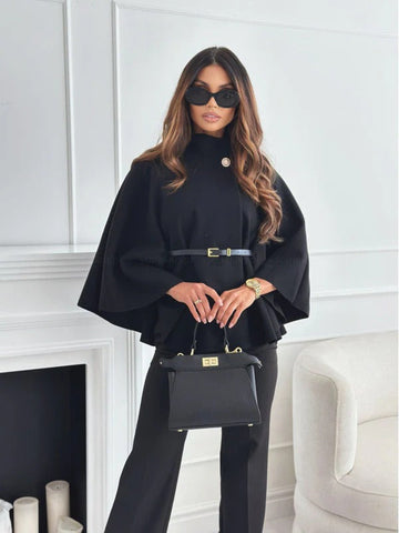 Belted High Neck Draped Sleeve Poncho Blouse