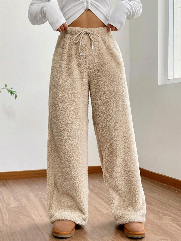 Plush Fleece Wide Leg Drawstring Lounge Pants