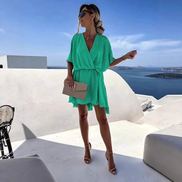 Deep V-Neck Cinched Waist Wrap Dress