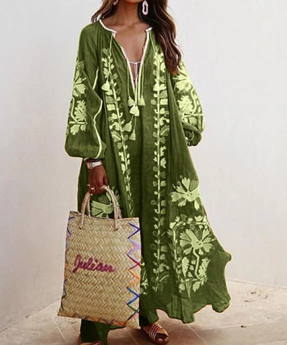 Floral Embroidered Breathable Cotton Feel Kaftan Dress