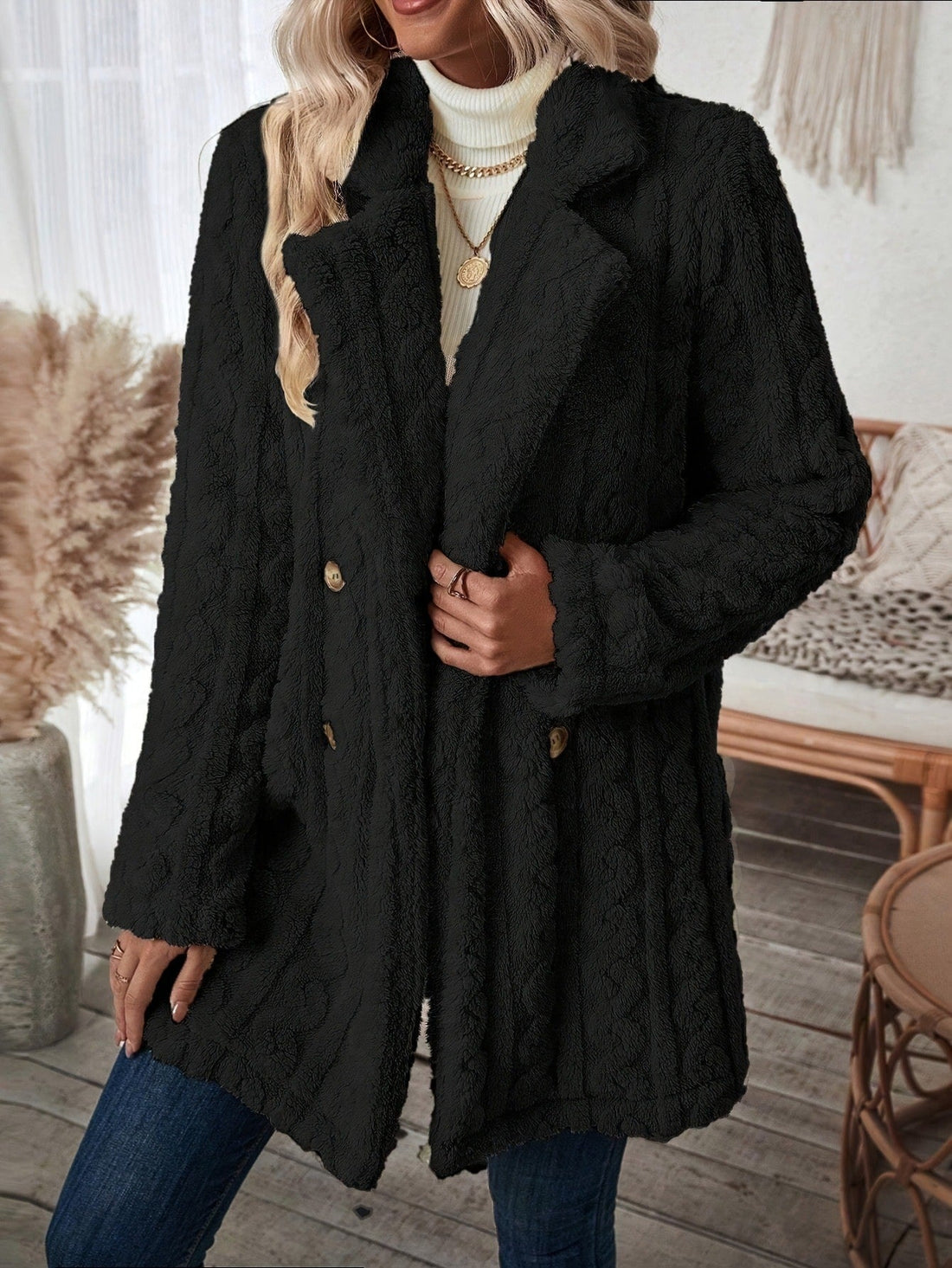 Double-Breasted Knit Mid-Thigh Coat