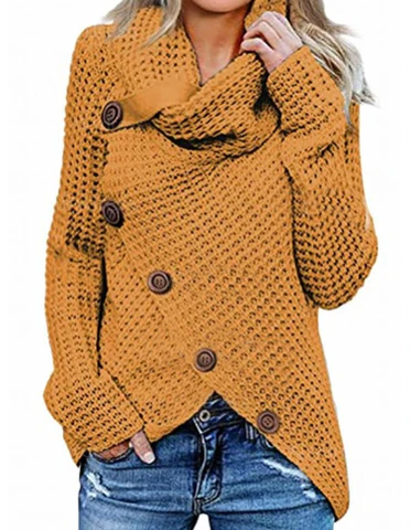 Asymmetric Button Cowl Neck Waffle Sweater