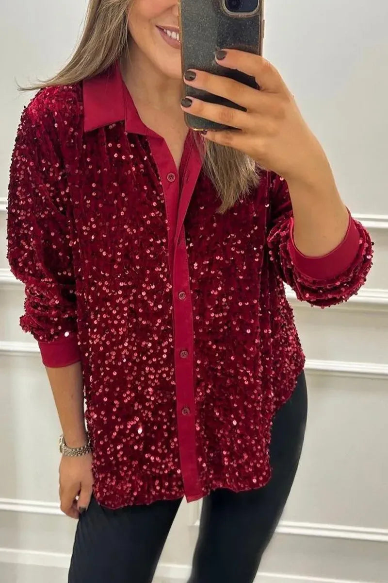 Sequin Relaxed Fit Button-Up Shirt