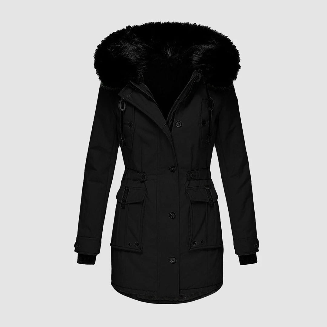 Tailored Faux Fur Hood Long Coat