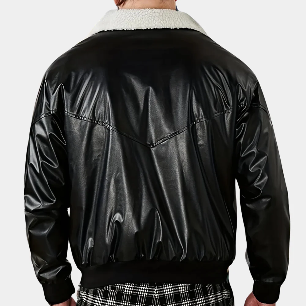 Faux Leather Plush Collar Bomber Jacket