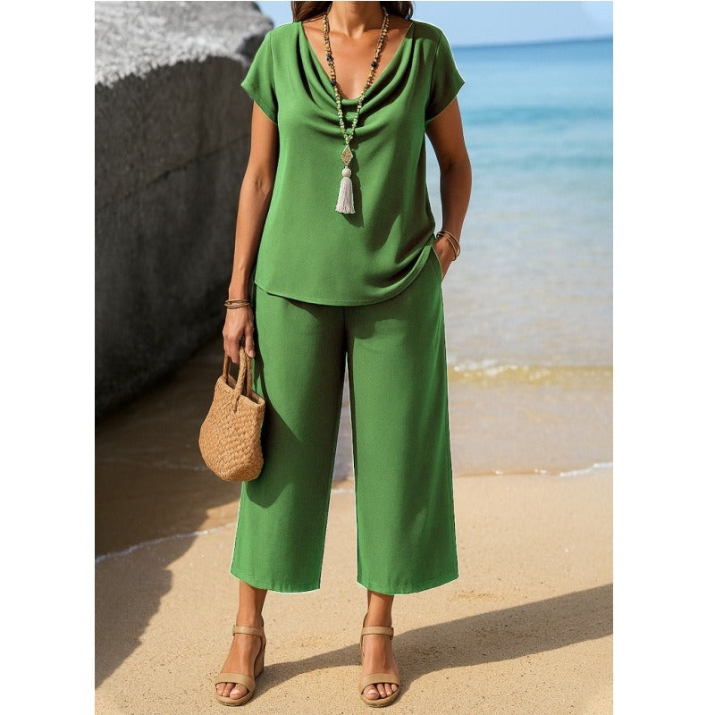 Soft Knit Pile Collar Wide-Leg Pants Set