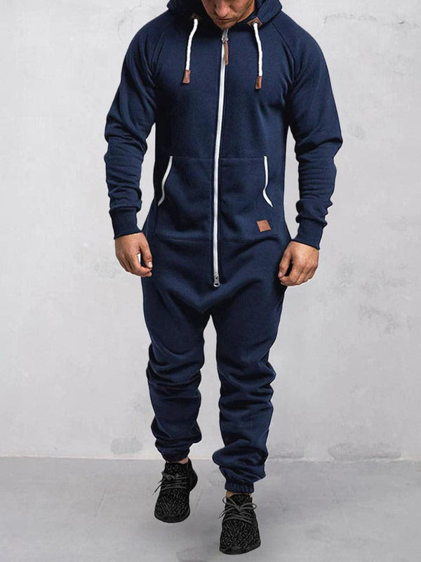 Men’s Jumpsuit – Fleece Lounge Wear – Relaxed Fit – Zipper Front – Hooded Design