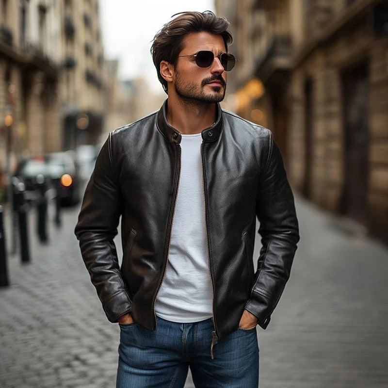 Slim Fit Stand Collar Leather Jacket