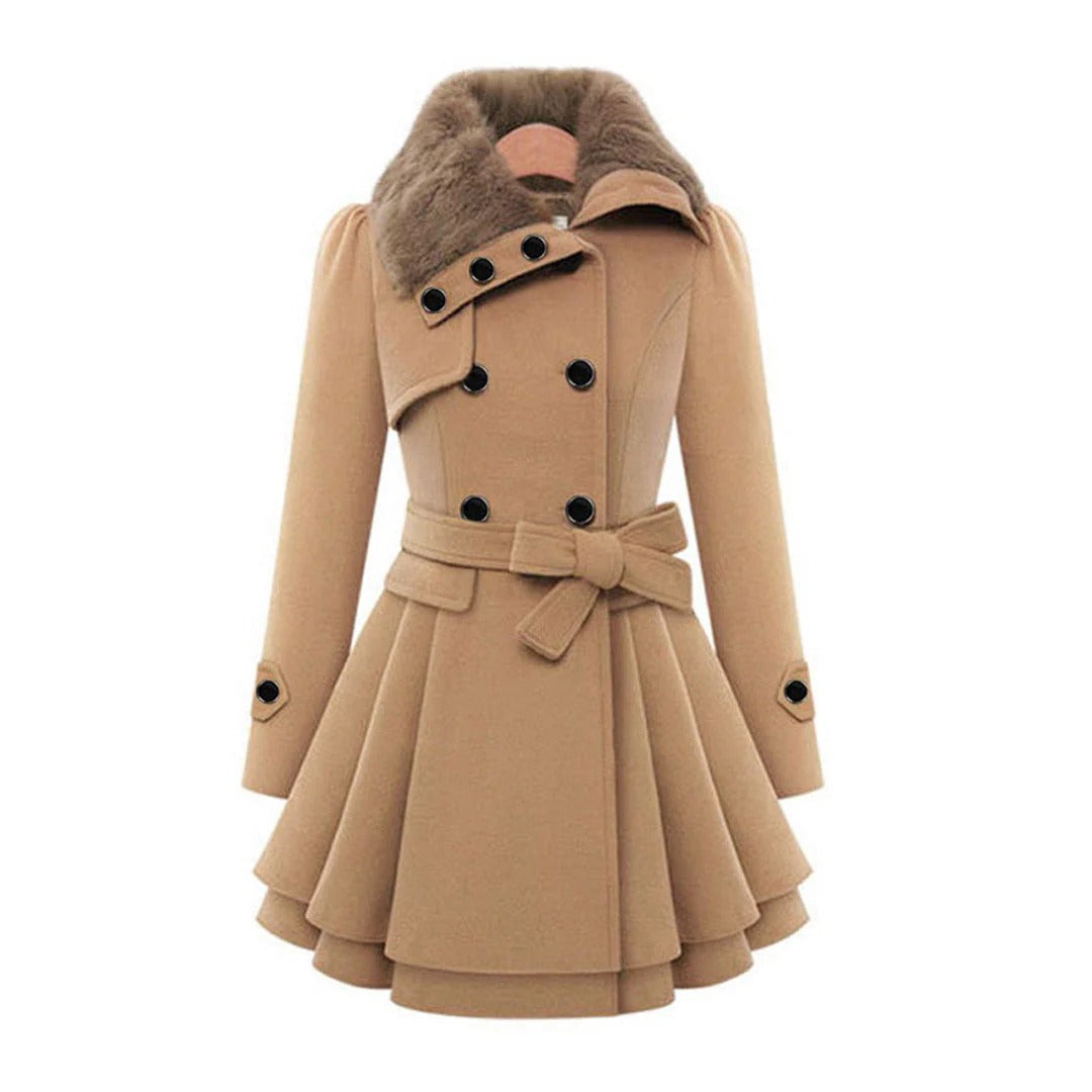 Double-Breasted Faux Fur Collar Wool Coat