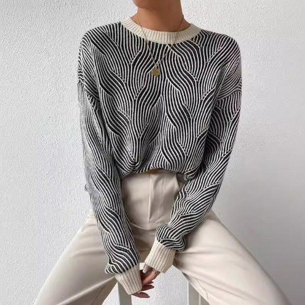 Relaxed Fit High Neck Wavy Knit Pullover