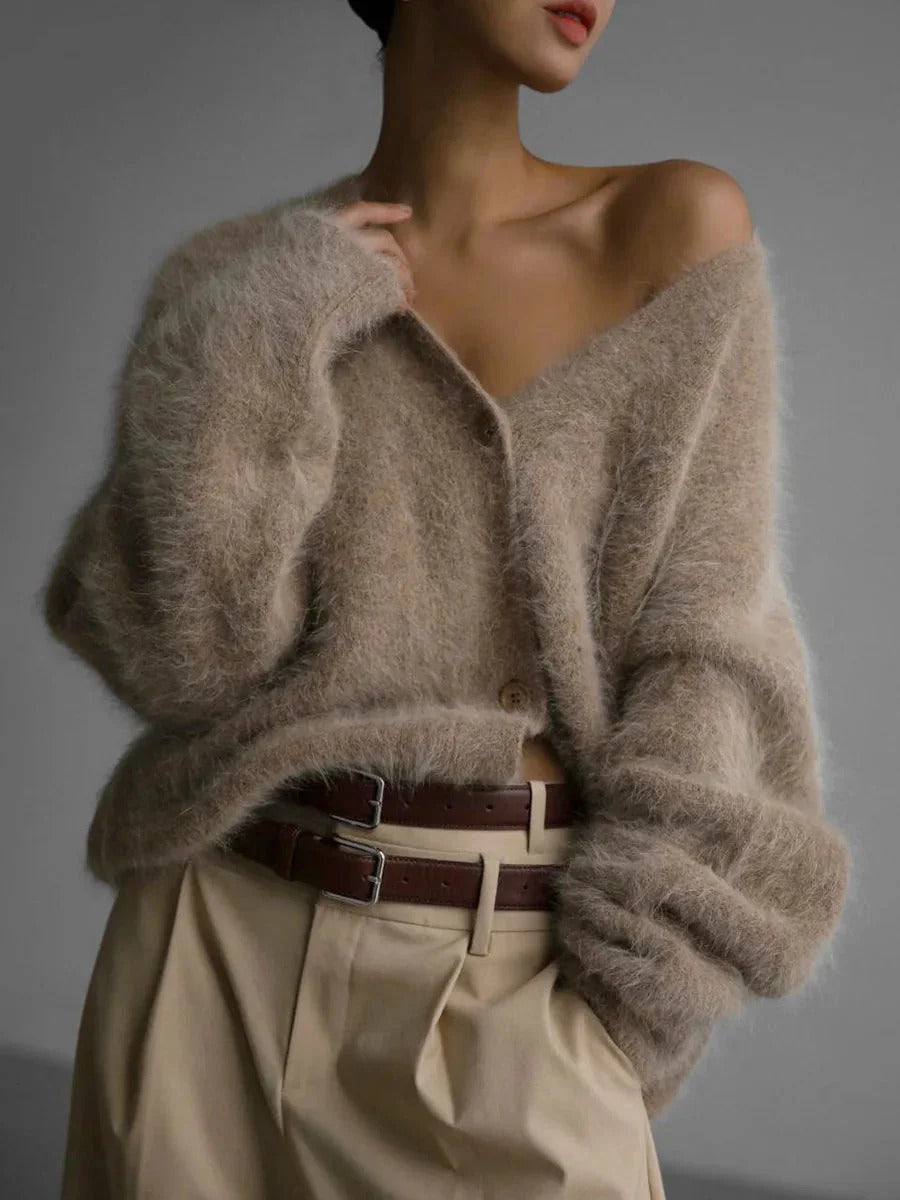 Fuzzy Knit Oversized V-Neck Cardigan