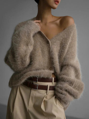 Fuzzy Knit Oversized V-Neck Cardigan