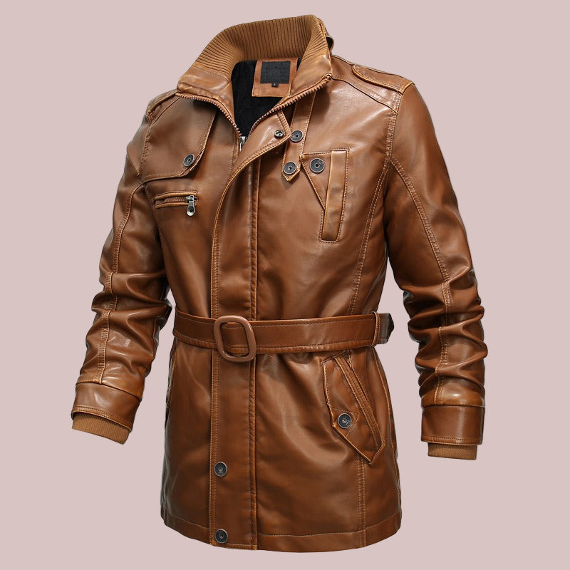 Belted Dual Collar Leather Look Jacket