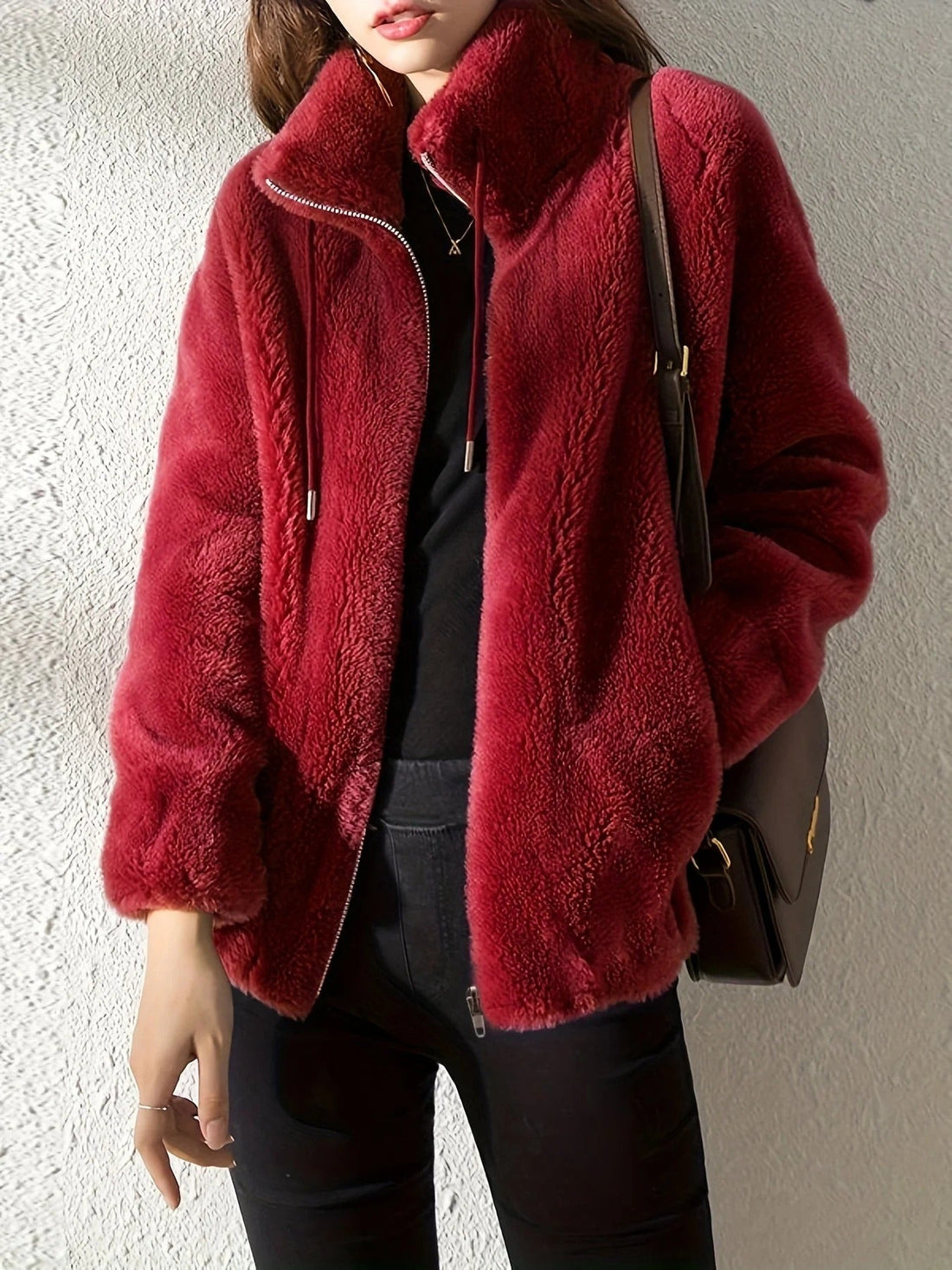 Plush Knit Stand-Up Collar Waist Length Jacket