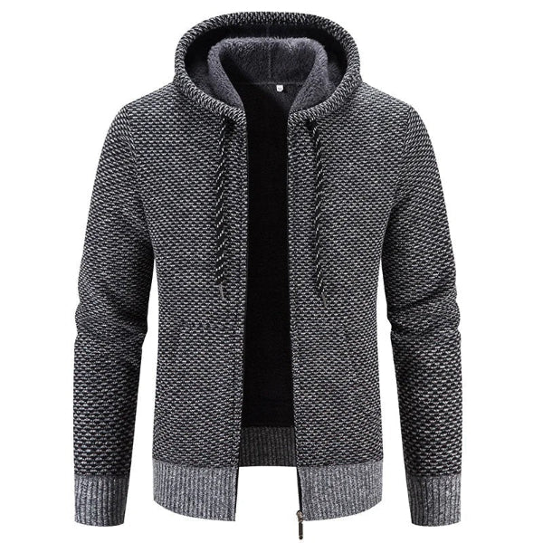 Plush Lined Knitted Texture Hooded Cardigan