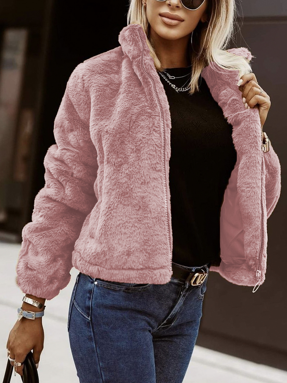 Plush Faux Leather High Collar Zip Cardigan