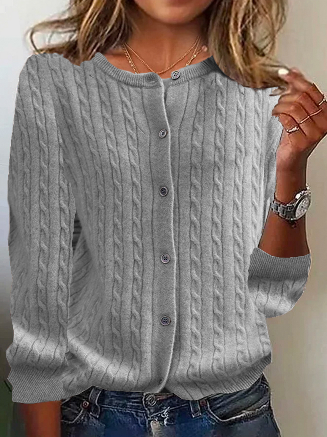 Wool Knit Cable Pattern Relaxed Fit Cardigan Sweater