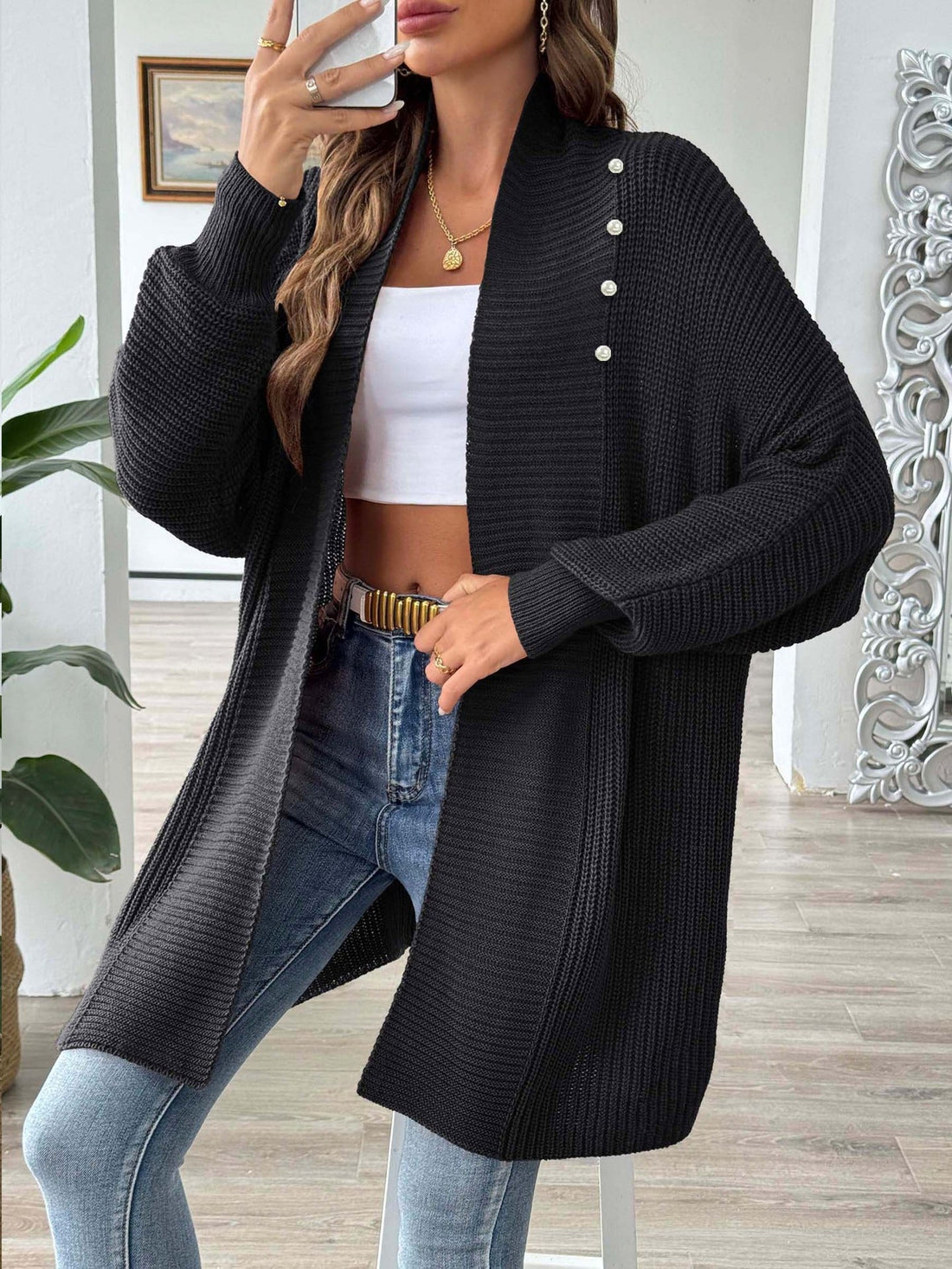Acrylic Knit Longline Shawl Collar Cardigan