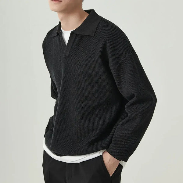 Men’s Sweater - Knit - Spread Polo Collar - Long Sleeves - Ribbed Cuffs & Hem