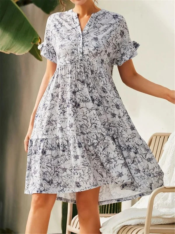 Floral Print Cotton Blend Tiered A-Line Dress