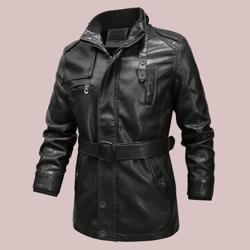 Belted Dual Collar Leather Look Jacket