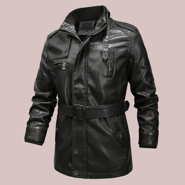 Belted Dual Collar Leather Look Jacket
