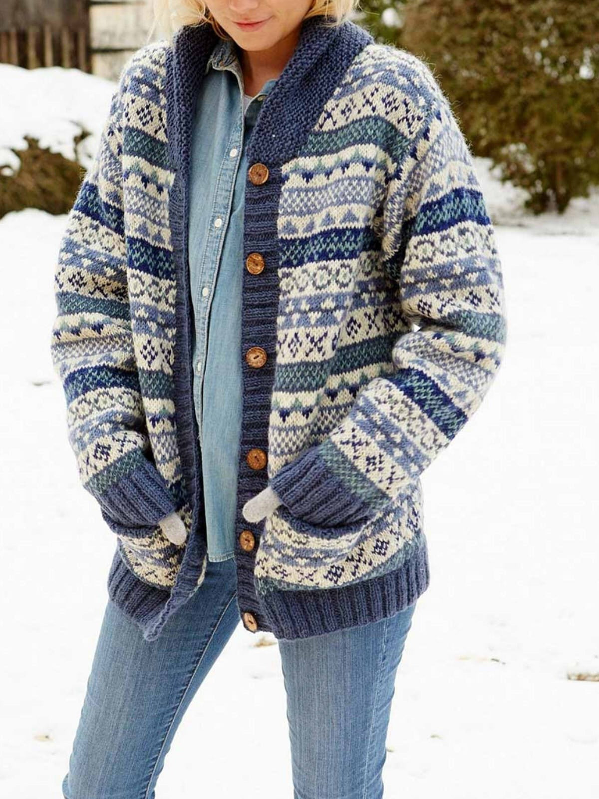 Fair Isle Wool Shawl Collar Cardigan